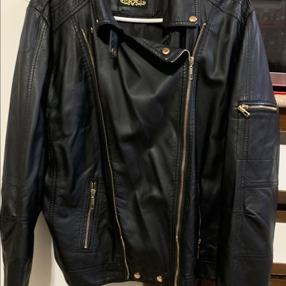 Yours Brand Plus Size Faux Leather Moto Jacket with Gold Accents. 2X